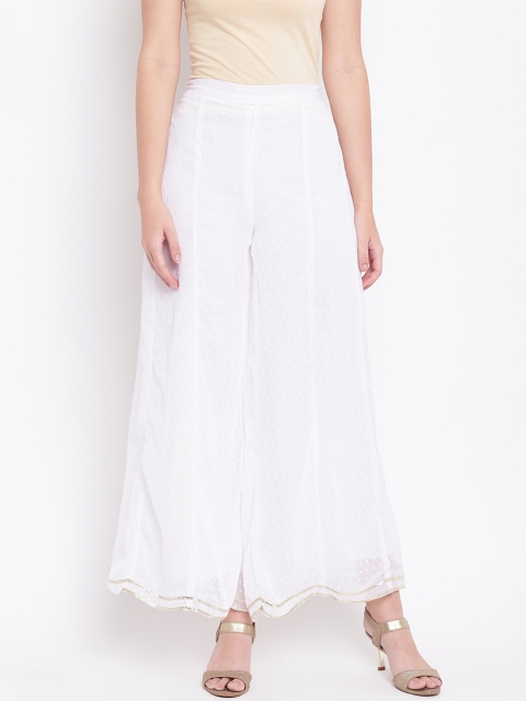 

RIVI Women White Dobby Weave Net Flared Palazzos