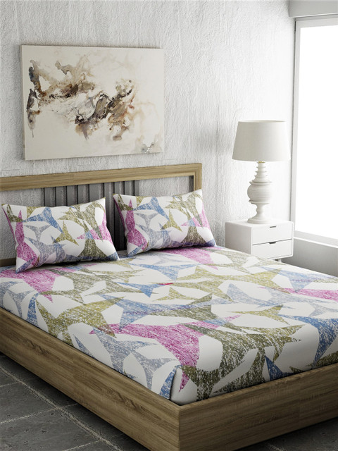 

EverHOME White & Blue Geometric 210 TC Cotton 1 Queen Bedsheet with 2 Pillow Covers