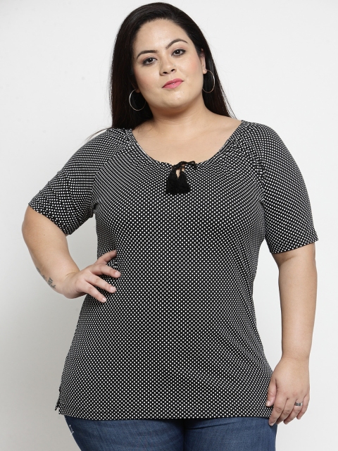 

plusS Women Black & White Printed Tie-Up Neck T-shirt