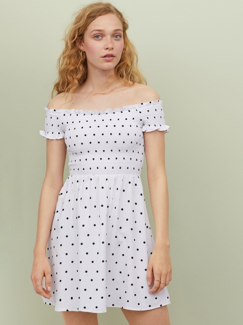 

H&M Women White & Navy Blue Printed Off-the-Shoulder Dress