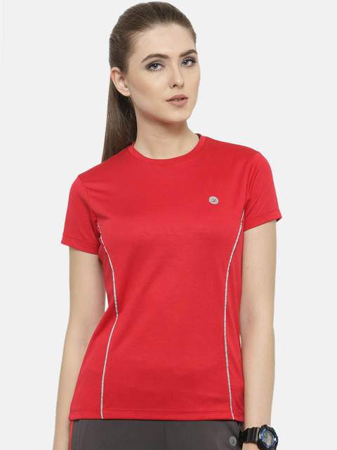 

BUKKUM Women Red Solid Round Neck Sports T-shirt