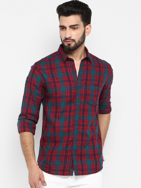 

Mufti Men Green & Red Slim Fit Checked Casual Shirt