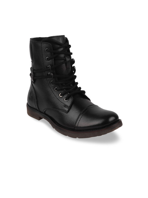 

FAUSTO Men Black Solid Leather High-Top Flat Boots