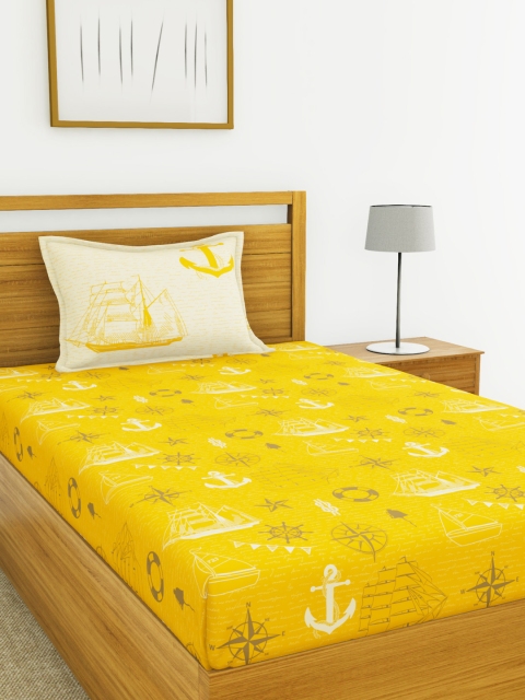 

BIANCA Yellow Abstract 144 TC Cotton 1 Single Bedsheet with 1 Pillow Cover
