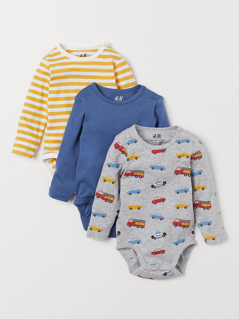 

H&M Kids 3-Pack Long-Sleeved Bodysuits, Grey