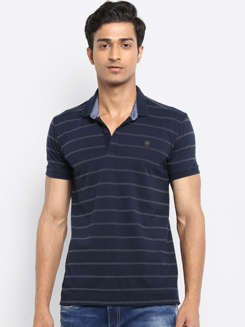 

Mufti Men Navy Blue Striped Polo Collar Pure Cotton T-shirt