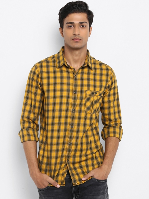 

Mufti Men Mustard Yellow & Black Slim Fit Checked Casual Shirt