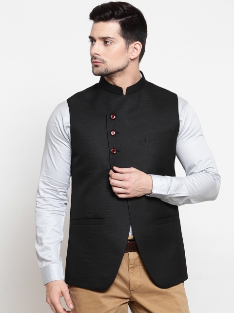 

LUXURAZI Men Black Solid Woven Nehru Jacket