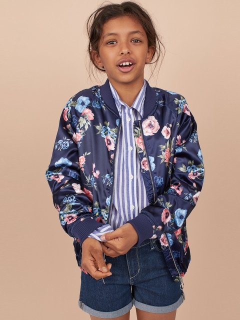 

H&M Girls Blue Printed Satin Bomber Jacket