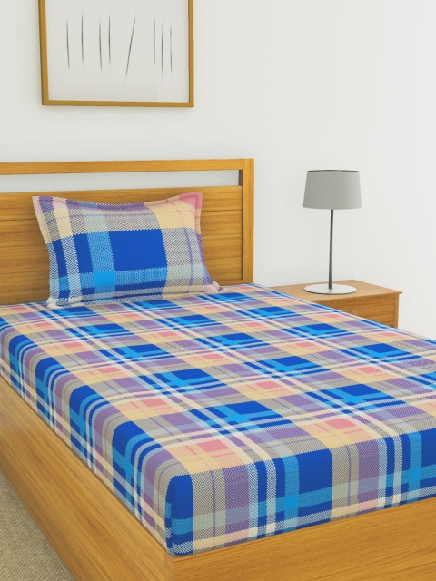 

BIANCA Pink & Blue Geometric 144 TC Cotton 1 Single Bedsheet with 1 Pillow Cover