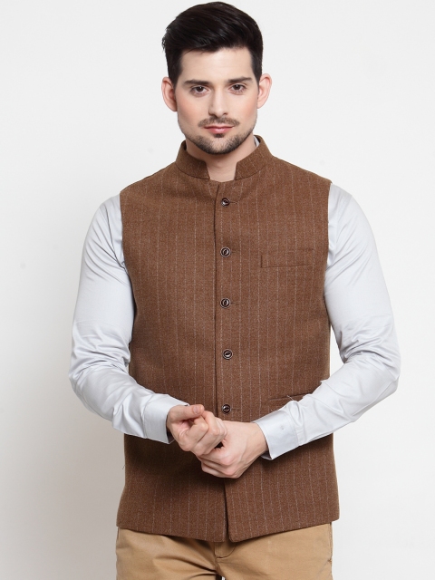 

LUXURAZI Men Brown Striped Woven Nehru Jacket