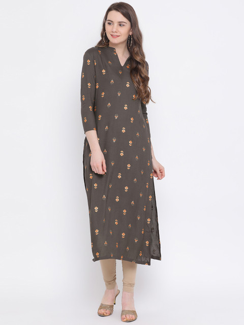 

Indian Virasat Women Taupe Floral Print Straight Kurta