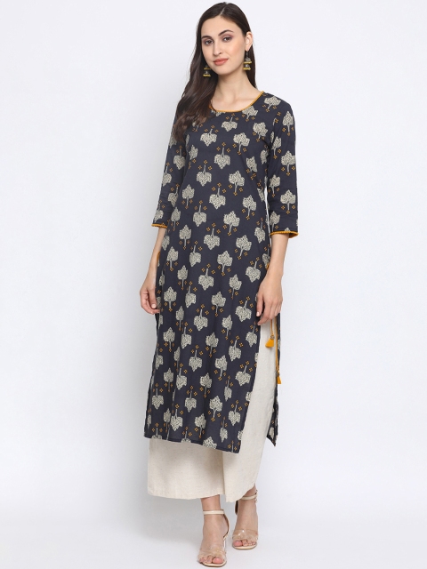 

Azira Women Blue & Yellow Floral Printed Straight Kurta