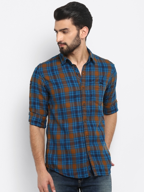 

Mufti Men Mustard Yellow & Blue Slim Fit Checked Casual Shirt