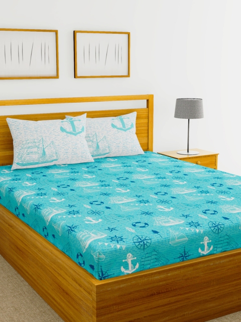 

BIANCA Blue Abstract 144 TC Cotton 1 Queen Bedsheet with 2 Pillow Covers