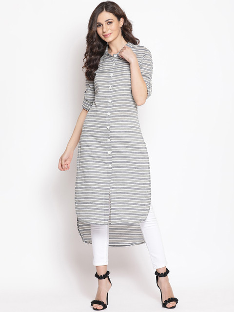 

Indian Virasat Women Grey & White Striped Straight Kurta