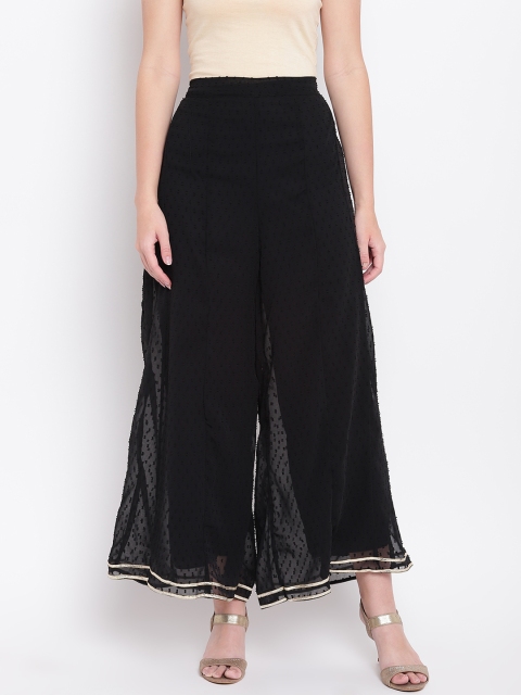 

RIVI Women Black Dobby Weave Net Flared Palazzos