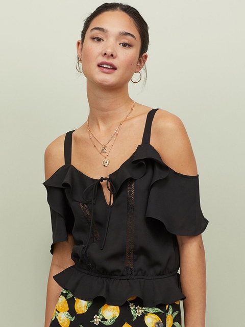 

H&M Women Black Solid Flounced Cold Shoulder Blouse