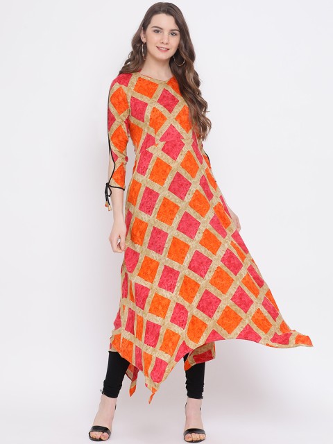 

Indian Virasat Women Orange & Pink Printed A-Line Asymmetric Kurta