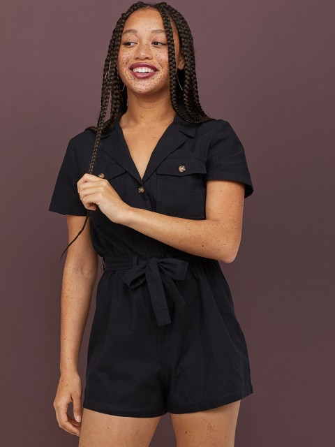 

H&M Women Black Solid Cotton Playsuit