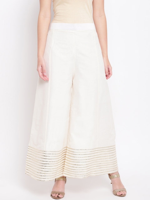 

RIVI Women White & Golden Hem Design Kalidar Flared Palazzos