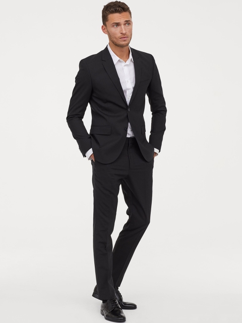 

H&M Men Black Solid Wool Suit Trousers Skinny Fit