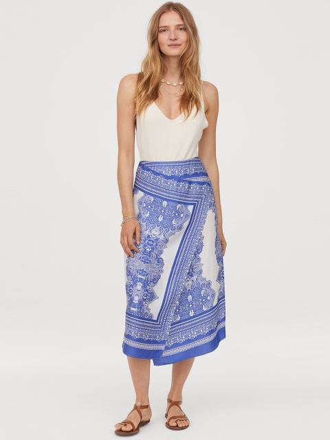 

H&M Women White and Blue Satin Wrapover skirt
