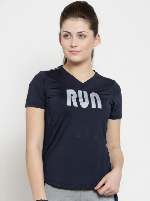 

BUKKUM Women Navy Blue Printed V-Neck Sports T-shirt