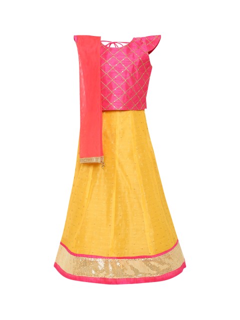 

Aarika Girls Pink & Yellow Embroidered Ready to Wear Lehenga & Blouse with Dupatta