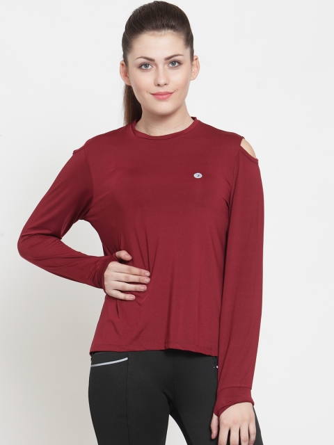 

BUKKUM Women Maroon Solid Round Neck Cold Shoulder Sports T-shirt
