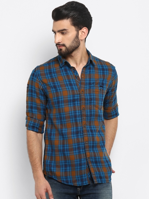 

Mufti Men Mustard Yellow & Blue Slim Fit Checked Casual Shirt