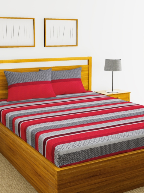 

BIANCA Red & Grey Striped 144 TC Cotton 1 Queen Bedsheet with 2 Pillow Covers