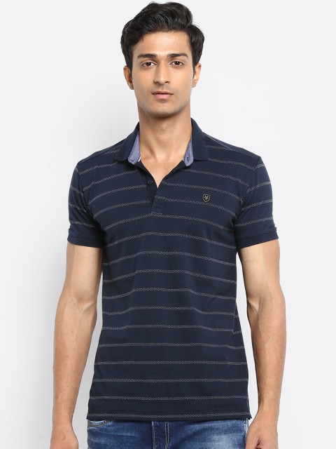 

Mufti Men Navy Blue Striped Polo Collar Pure Cotton T-shirt