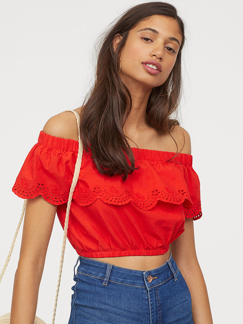 

H&M Women Red Solid Cropped Off-The-Shoulder Top