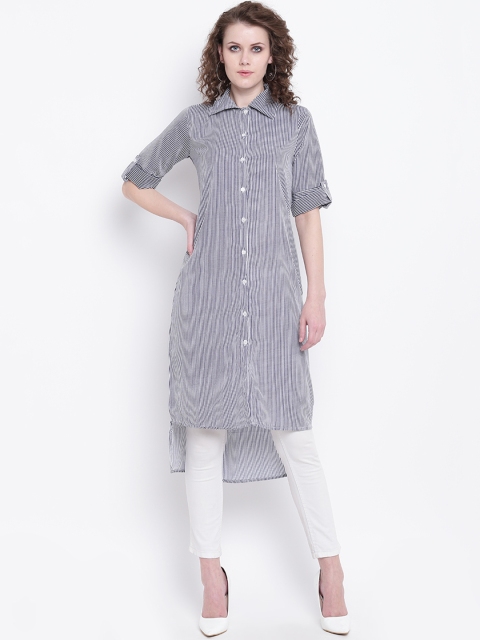 

Napra Women Navy Blue & White Striped Straight Kurta