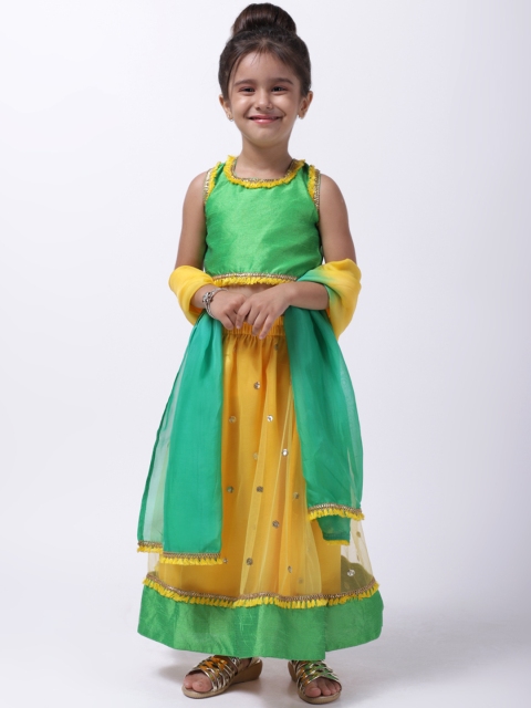 

BownBee Girls Yellow & Green Embellished Ready to Wear Lehenga & Blouse with Dupatta