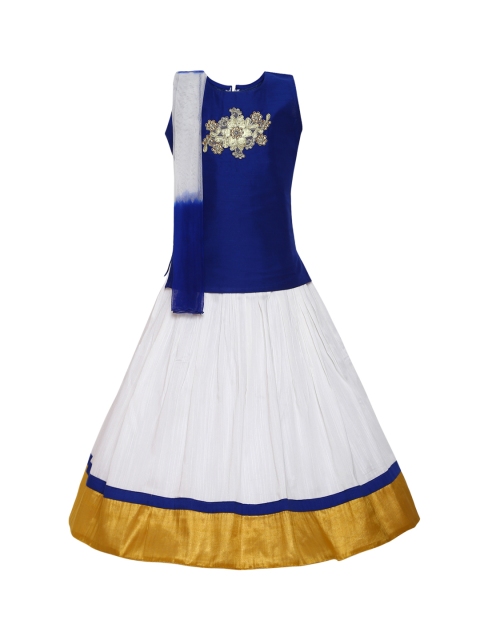 

Aarika Girls Blue & White Solid Ready to Wear Pattu Pavadai with Dupatta