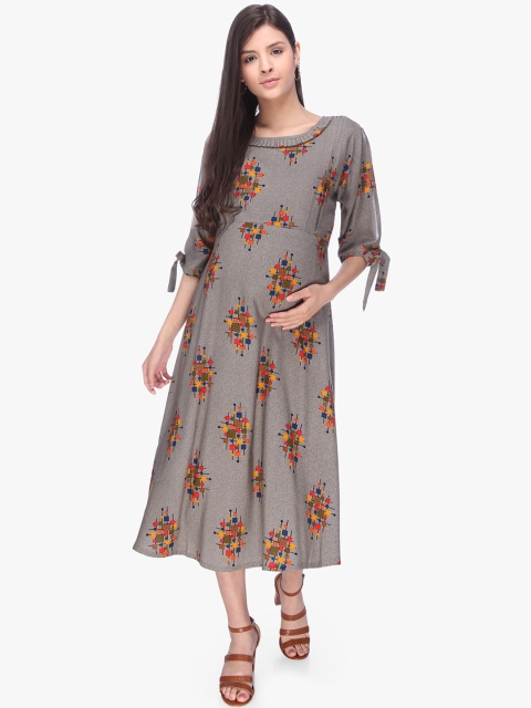 

MomToBe Women Grey & Orange Printed Maternity A-Line Dress