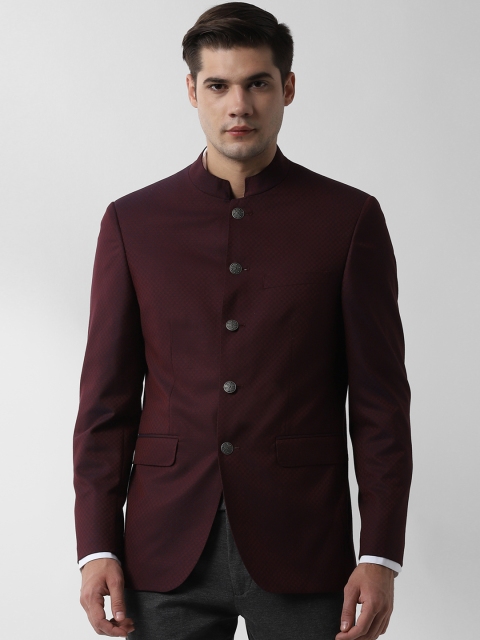 

Peter England Men Maroon Self Design Single Breasted Blazer