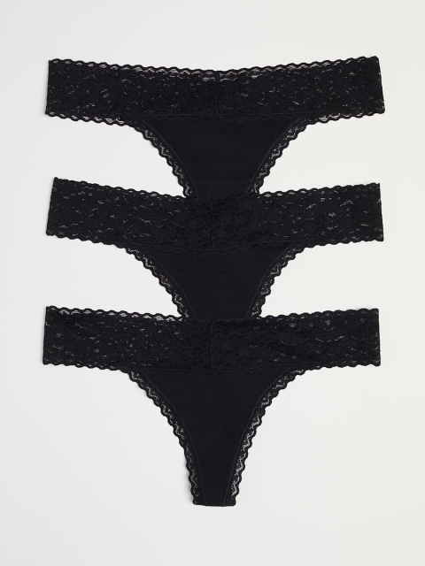 

H&M Women Solid 3-Pack Cotton Thong Briefs 0464297007, Black