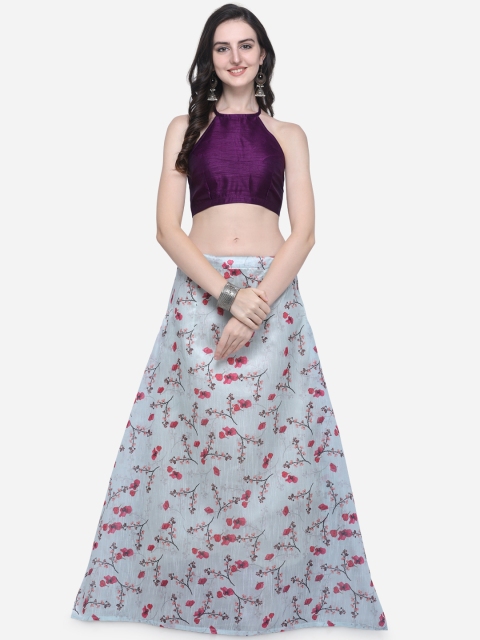 

Satrani Grey & Purple Floral Print Bhaghalpuri Silk Lehenga with Unstiched Choli