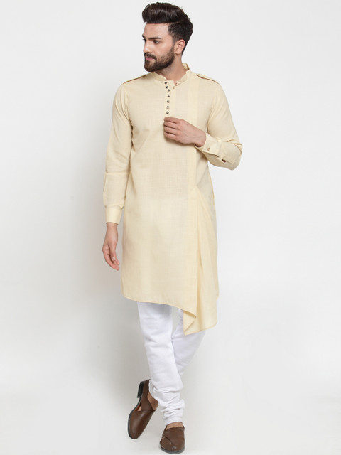 

TREEMODA Men Beige and White Linen Solid Kurta with Churidar