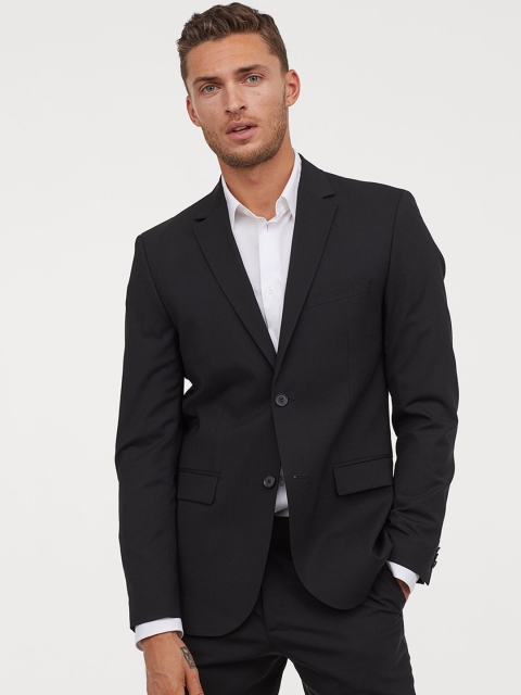 

H&M Men Black Solid Wool Jacket Slim Fit