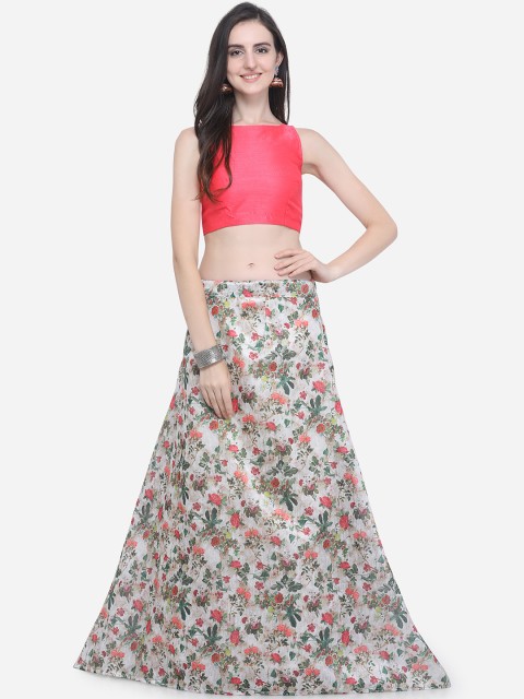 

Satrani Women Off-White & Coral Red Floral Print Silk Lehenga with Unstiched Choli