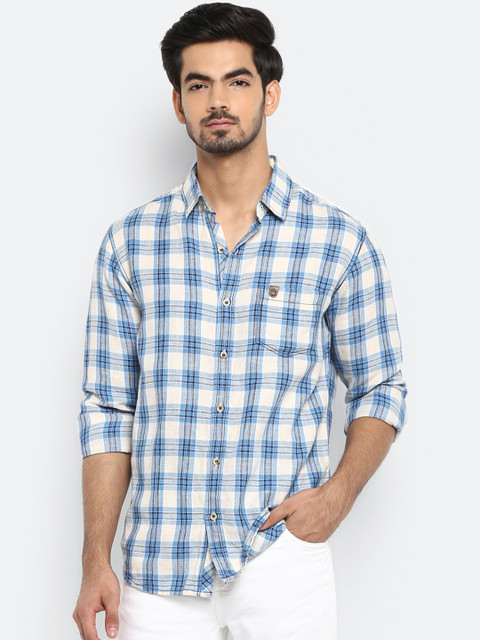 

Mufti Men White & Blue Slim Fit Checked Casual Shirt
