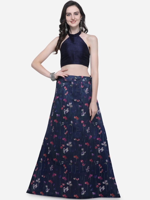 

Satrani Women Navy Blue Floral Print Bhaghalpuri Silk Lehenga with Unstiched Choli