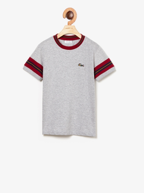 Lacoste Boys Grey Crew Neck Contrast Striped Sleeves Cotton T-shirt