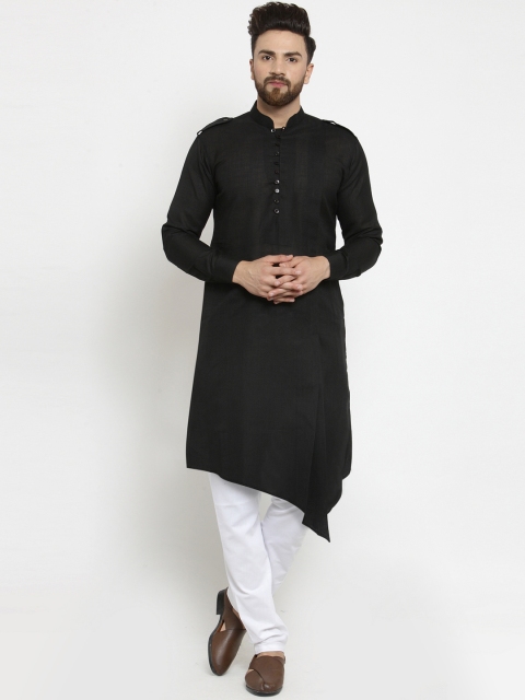 TREEMODA Men Black and White Solid Linen Kurta with Churidar