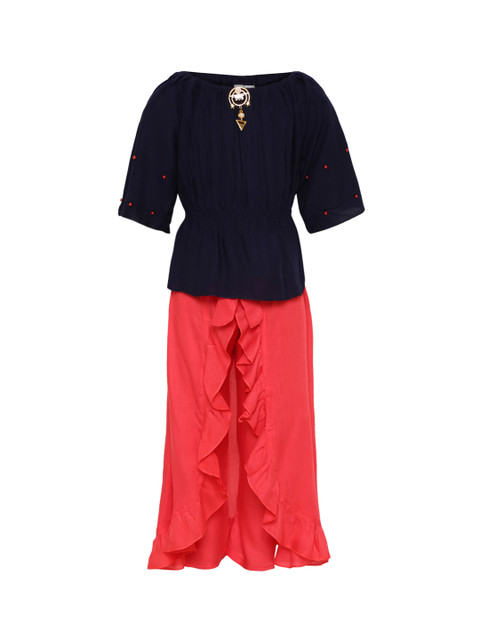 

Aarika Girls Navy Blue & Red Solid Top & Skirt With Attached Trousers