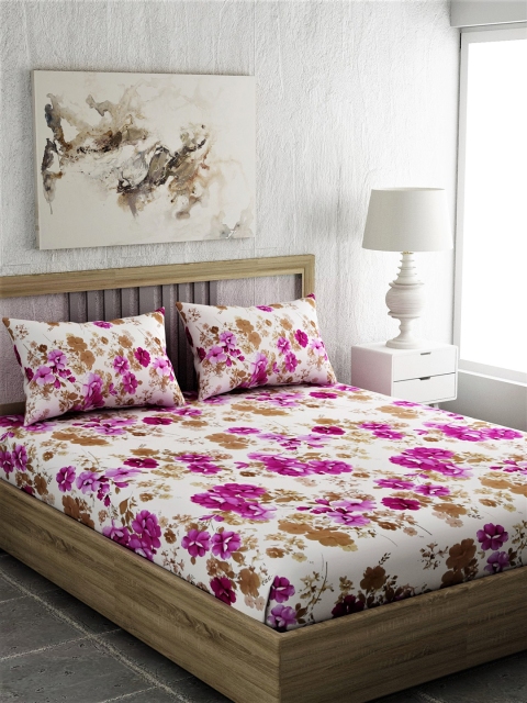 

EverHOME Pink & Off-White Floral 210 TC Cotton 1 Queen Bedsheet with 2 Pillow Covers